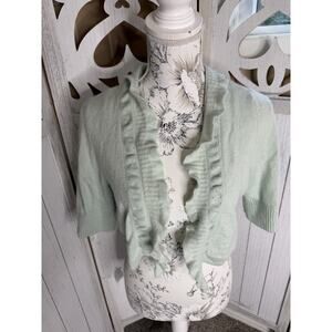 White & Warren 100% Cashmere Cardigan Ruffle Open Front Pastel Mint Green Large